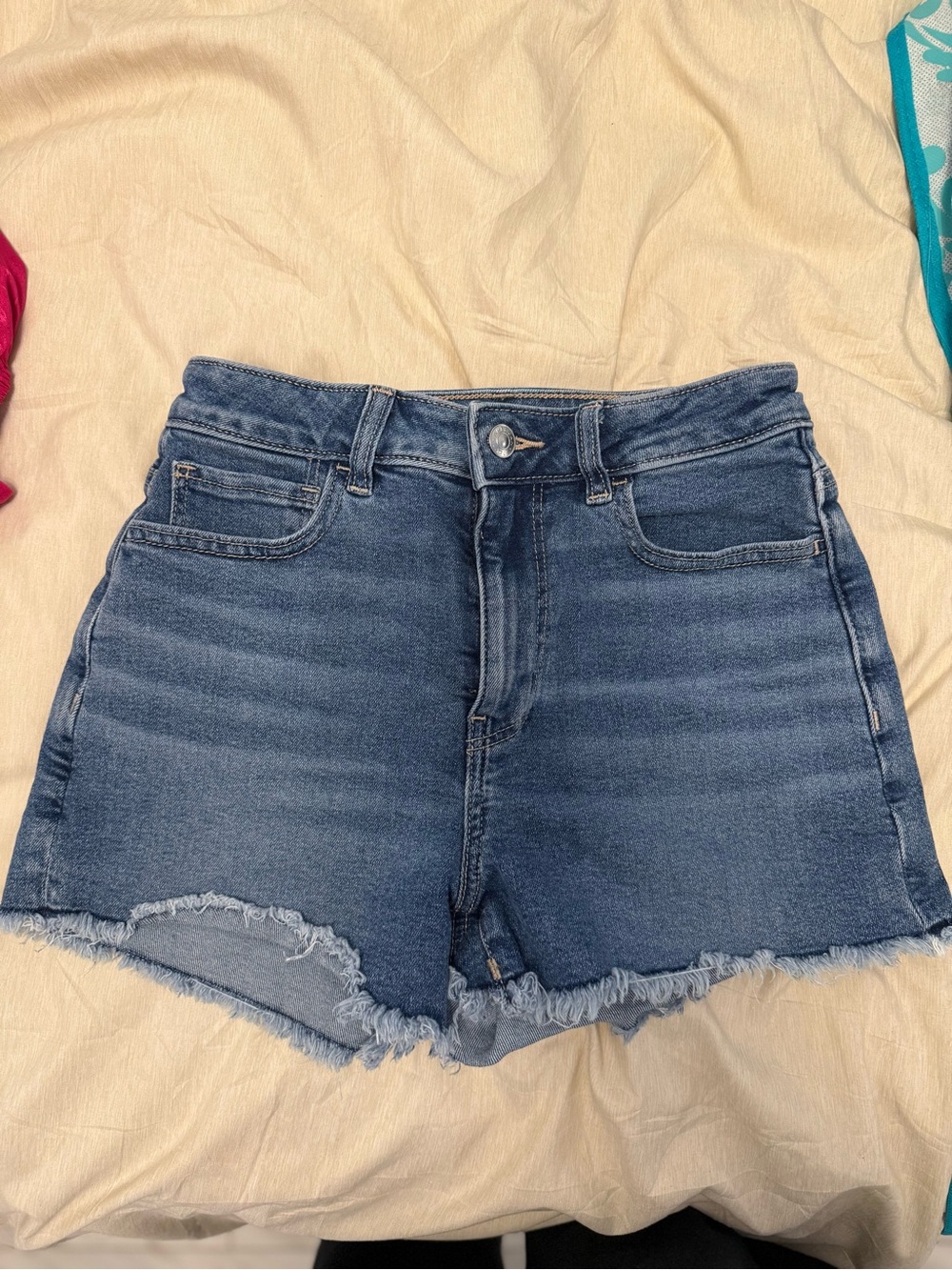 American Eagle Outfitters Dark Blue High-Rise Frayed Hem Denim Shorts